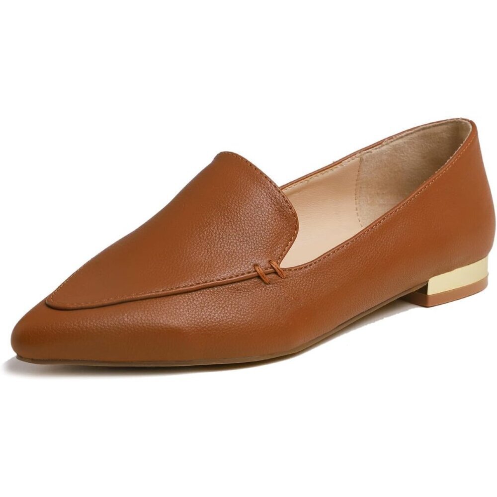 Feversole Women's Camel Brown Grain Nubuck Leather Pointed Slip On Flat Loafer